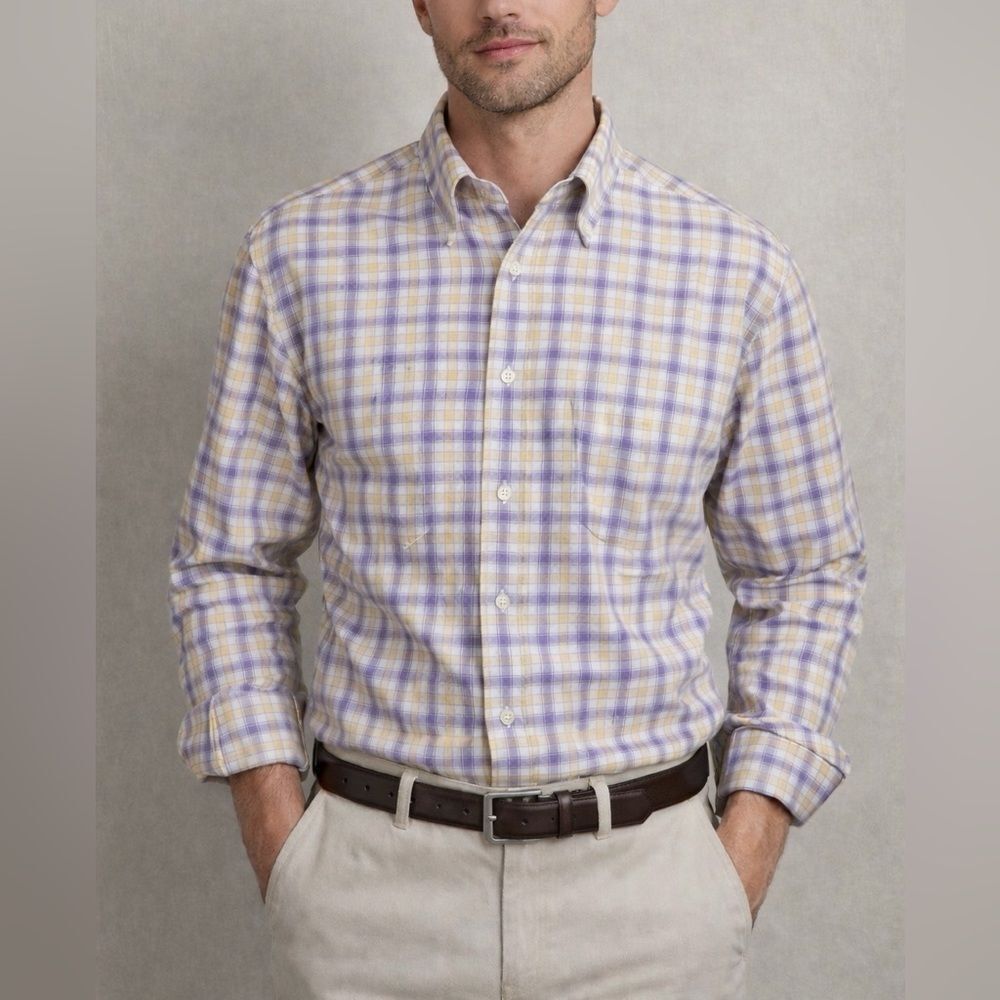 Canali Sportwear 100% Cotton Plaid Button Down Shirt Yellow Purple Size L